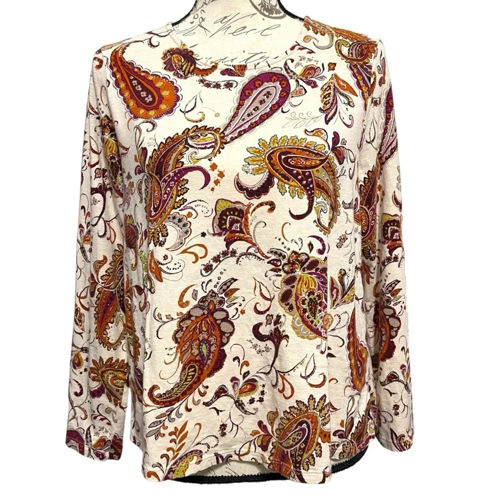 J. Jill Women Top M Petite Cream Paisley Long Sleeve Knit Tulip Back Boho Earthy - Picture 8 of 8